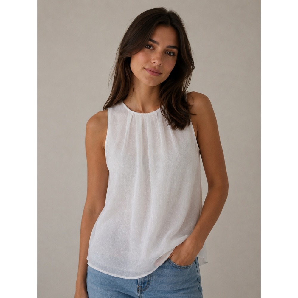 Worthington Sleeveless White Metallic Shimmer Pleated Neck Blouse Top Size 8